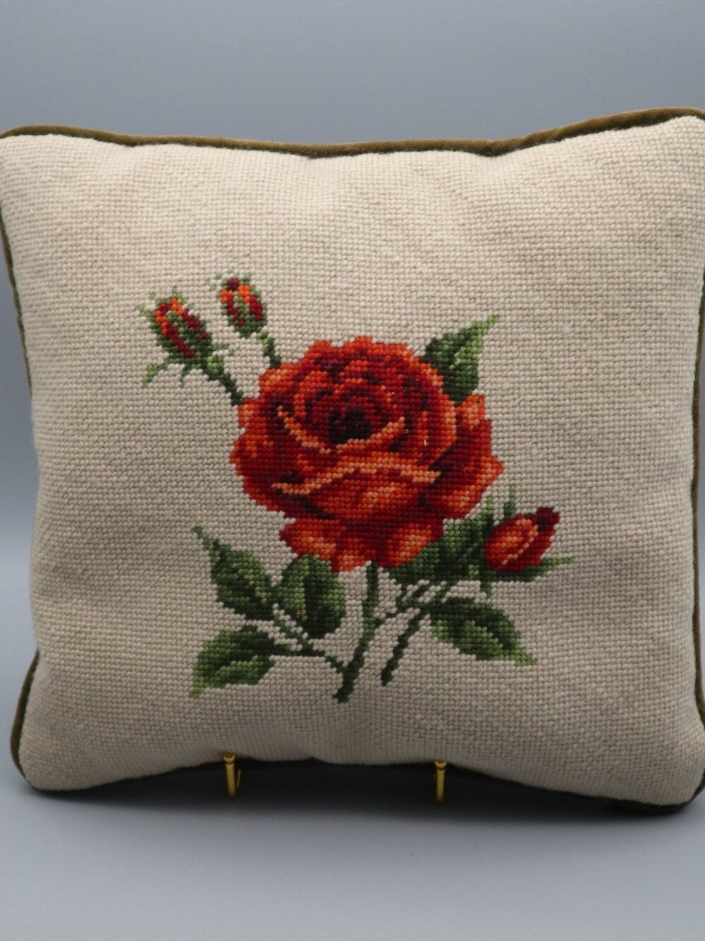 Vintage Floral Rose Needlepoint Throw Pillow 13" Green Velvet Back Cottagecore